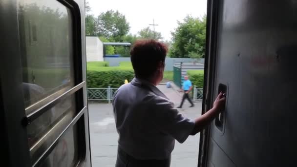 Trende Kondüktör Araba Kapıda Duruyor Tren Hareket Ediyor Iken Araba — Stok video