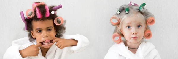 Kleine Mädchen Machen Haarlocken Collage Mädchen Weißen Mänteln Mit Lockenwicklern — Stockfoto