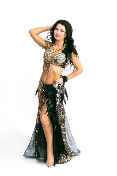 Bailarina Danza Oriental Aislado Mujer Morena Hermoso Disfraz Variedad Para —  Fotos de Stock