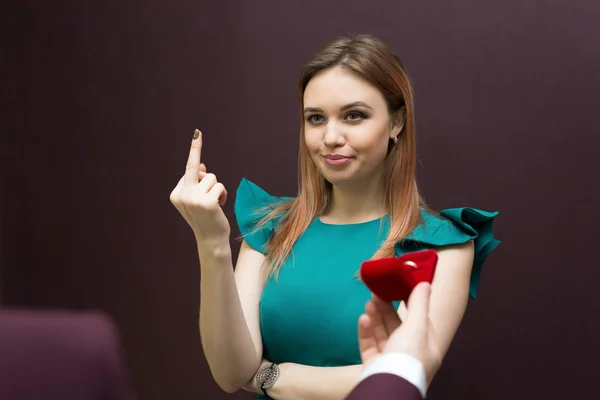 Evil Woman Refuses Man Shows Bad Hand Gesture Girl Shows — Stock Photo, Image