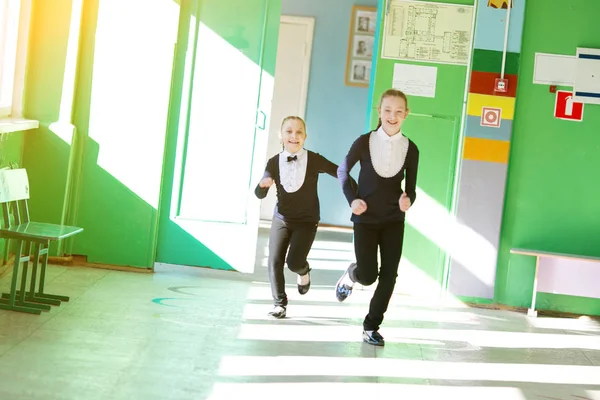 Schoolgirls Play Running Hall Girls Students Have Fun Running Together — Stock Photo, Image