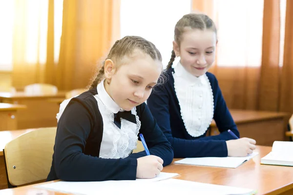 Lány osztálytársa néz valaki másnak a notebook. — Stock Fotó