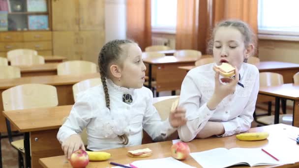 Iskolai Ebéd Gyerekeknek Osztályok Közötti Szünetben Iskolás Lányok Vacsoráznak Iskolában — Stock videók