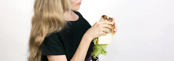 Lebendhuhn Sandwich Werbung Für Vegetarismus Der Mann Hält Noch Ein — Stockfoto