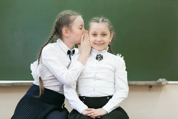 Colegialas Compañeros Clase Comparten Sus Secretos Contando Susurros Oído Cerca —  Fotos de Stock