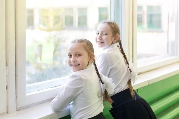 Schoolgirls teenagers stand near the window in the school hallway. Girls schoolgirls look out the window into the street.