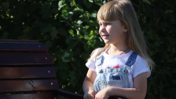 Mädchen Vorschulalter Auf Dem Hintergrund Von Büschen Kleines Mädchen Alter — Stockvideo