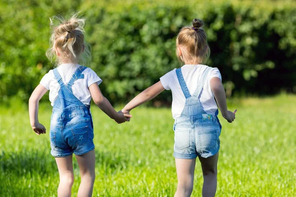 Los niños corren sobre la hierba verde tomados de la mano . —  Fotos de Stock