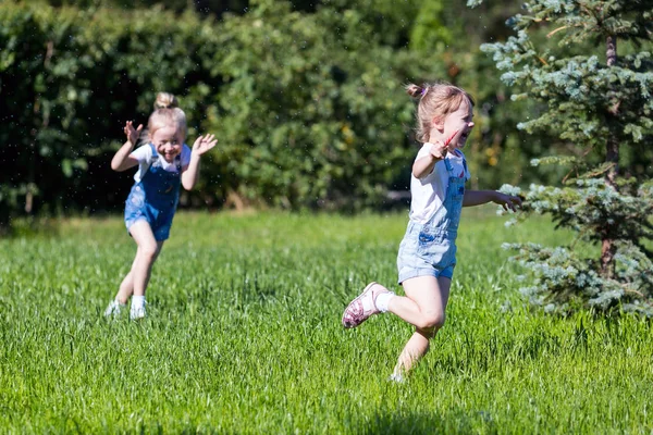 아이들은 손을 잡고 녹색 잔디에서 실행. — 스톡 사진