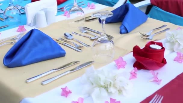 新婚夫婦のためのお祝いのテーブル 屋外レストランで結婚式を祝うために美しく装飾されたテーブル — ストック動画