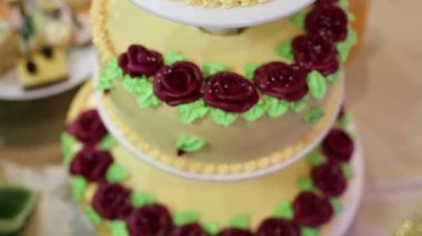 Bir düğünde üç katlı pasta. Gelin ve damat masada 3 katlı güzel bir büyük pasta.