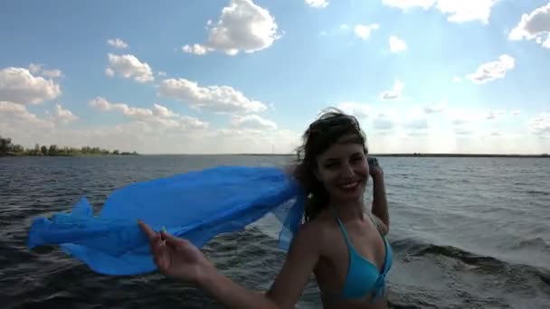 Slender Girl Big Scarf Shore Woman Holds Wind Developing Scarf — Stock Video