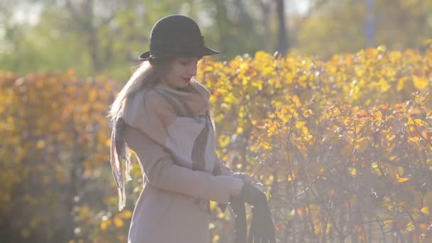 帽子と秋のコートの女の子 黒の帽子とベージュのコートを着たブルネットの女性が公園を歩く — ストック動画