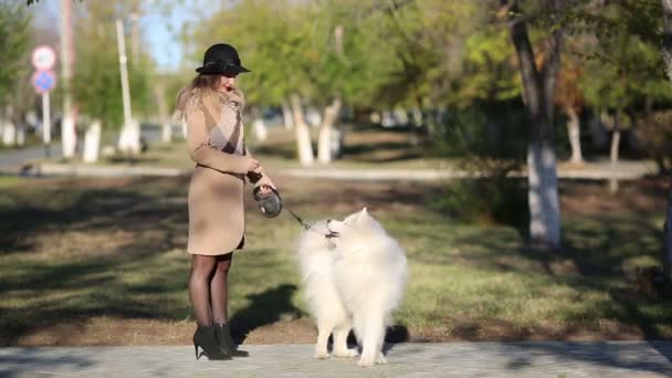 Una Mujer Con Sombrero Abrigo Está Entrenando Perro Calle Perro — Vídeo de stock