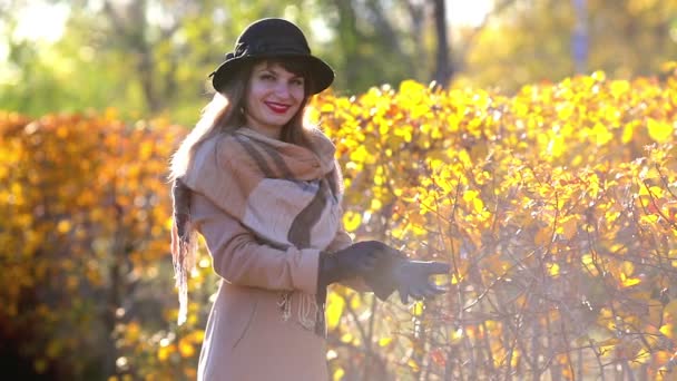 Fille Met Des Gants Automne Jeune Femme Manteau Chapeau Avec — Video