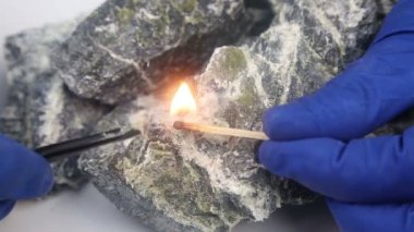 Krisotil asbest lifinin taştan ayrılması. Bir laboratuvar teknisyeni kayalık kayadan krisotil asbest lifleri çıkarmak için cımbız kullanır..