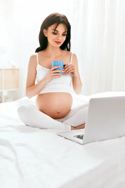 Terhes Otthon Használja Számítógépet Szép Terhes Lány Dolgozik Jegyzetfüzet Beltérben — Stock Fotó