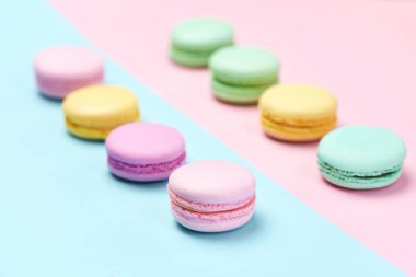 Tatlılar. Renkli Macaroons Pastel mavi pembe yakın çekim. Yüksek çözünürlük