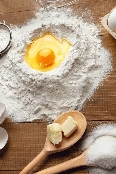 Food Ingredients For Home Baking On Wooden Table. Close Up Of Products For Bakery On Background. High Resolution