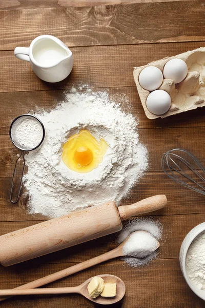 Baking Ingredients Wooden Table Variety Food Products Dough Preparation Still — Stock Photo, Image