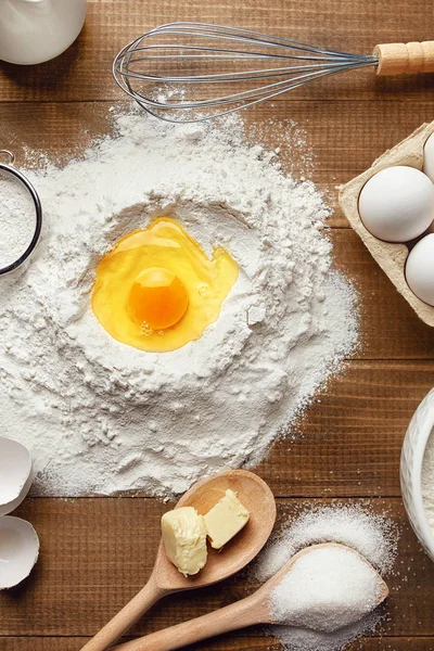 Food Ingredients For Home Baking On Wooden Table. Close Up Of Products For Bakery On Background. High Resolution