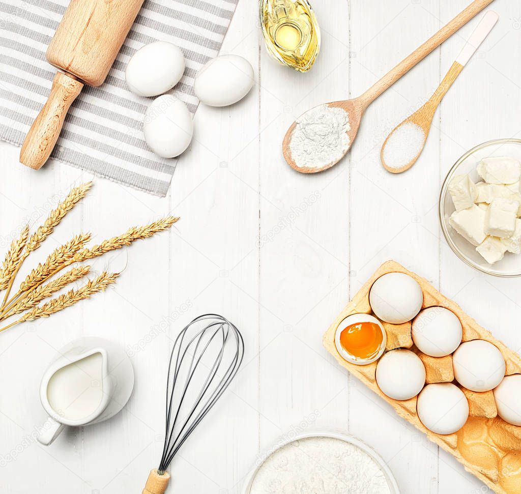 Baking Ingredients On White Table. Various Food Products For Bakery On Light Background. High Resolution