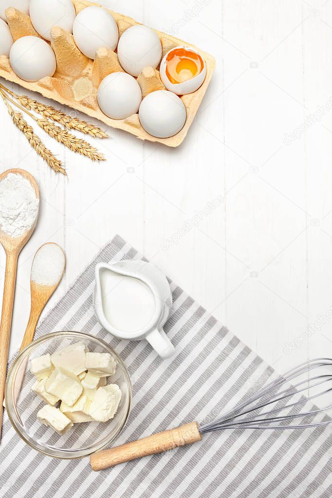 Baking Ingredients On White Table. Various Food Products For Bakery On Light Background. High Resolution