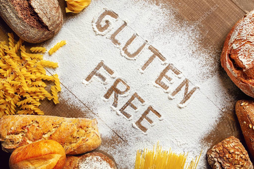Gluten Free Food Products : Bread, Pasta, Bakery And Flour On Wooden Background. High Resolution