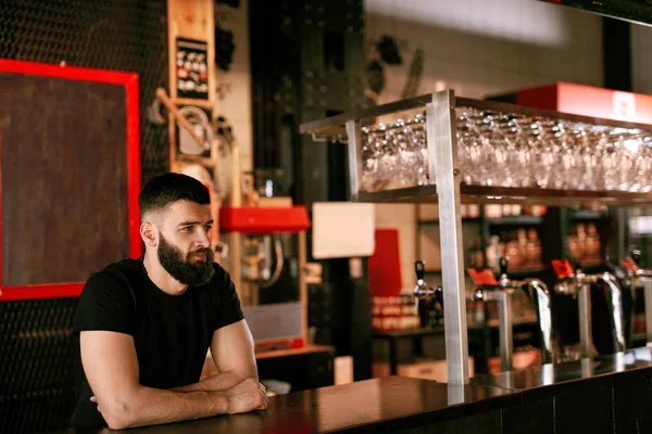 Camarero Beer Pub Retrato Joven Parado Mostrador Del Bar Alta — Foto de Stock