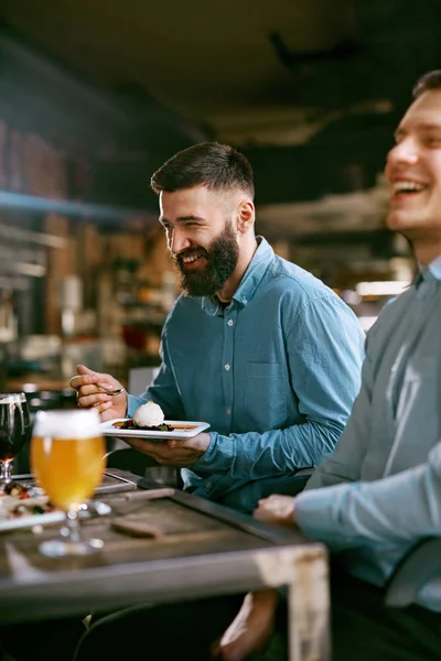 Men Pub Drinking Beer Eating Food Friends Having Dinner High — Stock Photo, Image