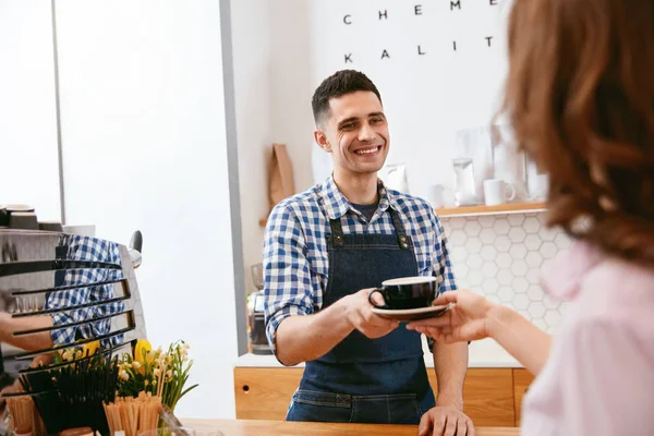 Coffee Shop Barista Giving Cup Coffee Customer Cafe High Resolution — Stock Photo, Image