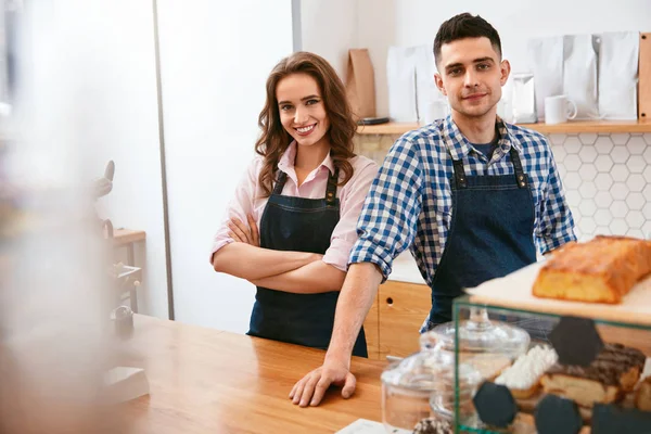 Barista Waitress Working Cafe Happy Workers Aprons Standing Bar Counter — Stock Photo, Image