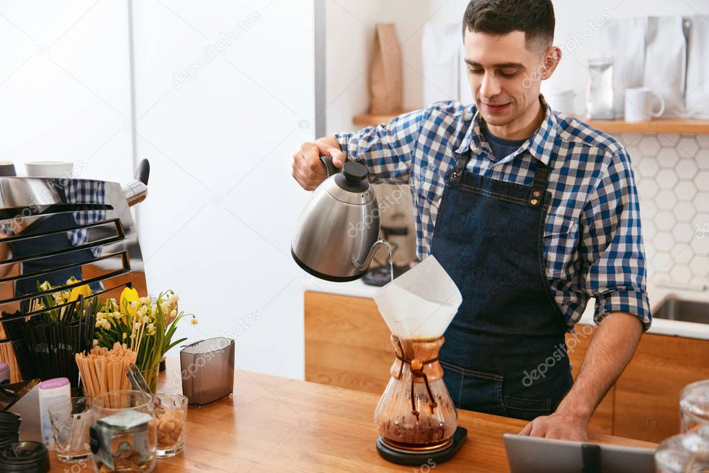 Coffee. Man Making Drink In Cafe, Pouring Hot Fresh Coffee Through Filter. High Resolution.