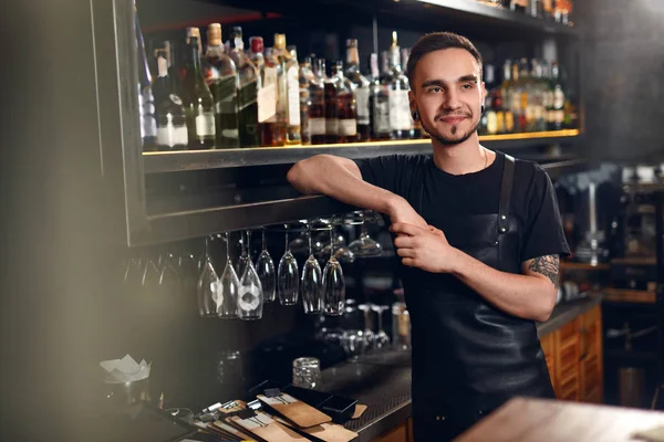 Bartender Cocktail Bar Portrait Young Barman Work Standing Bar Counter — Stock Photo, Image