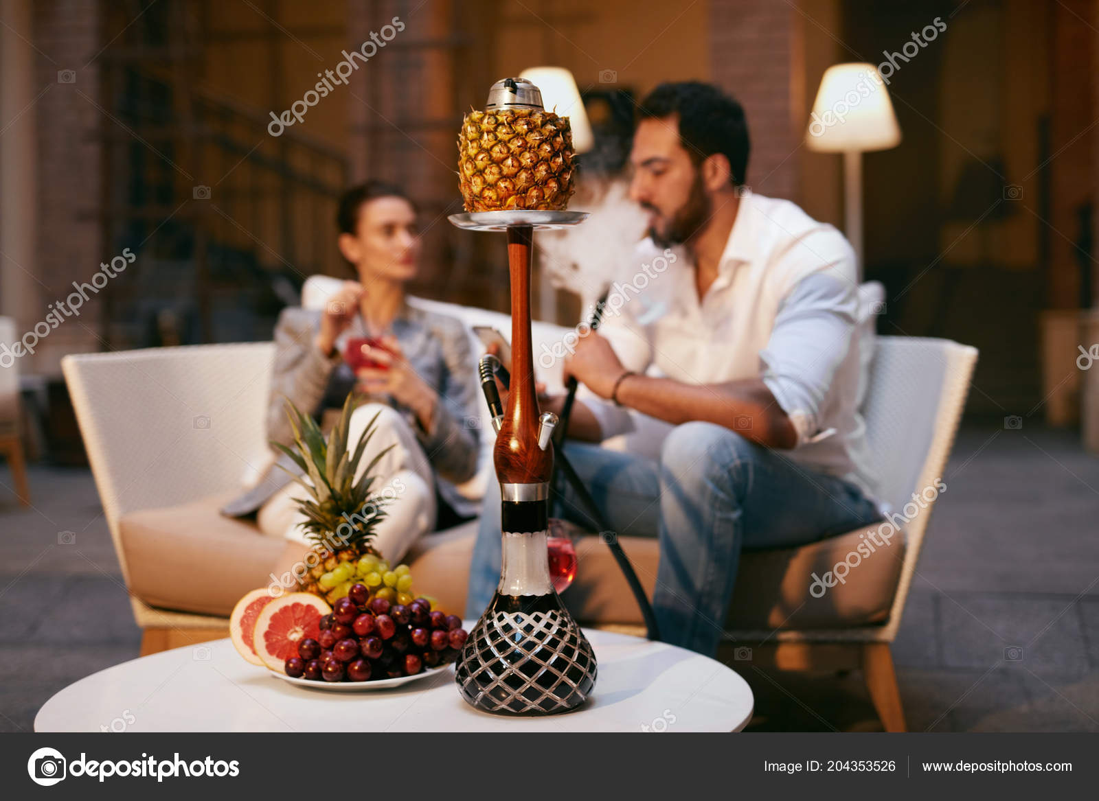 Fruit Shisha Hookah Bar Couple People Smoking Hookah Fruits Resting