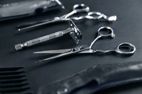 Hair Salon Tools. Barber Scissors And Shaving Equipment On Grey Background At Barber Shop. Men Hair Salon Tools. High Resolution