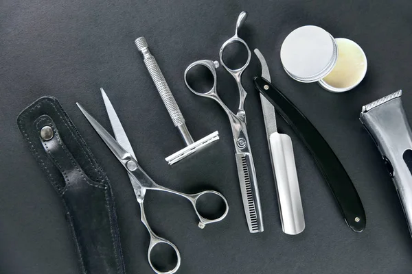 Hair Salon Tools. Barber Scissors And Shaving Equipment On Grey Background At Barber Shop. Men Hair Salon Tools. High Resolution