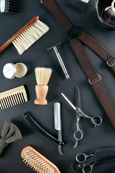 Barber Shop Tools And Equipment. Men\'s Grooming Tools And Accessory On Grey Background. High Resolution
