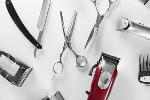 Men Grooming Tools Barber Equipment Supplies White Table Closeup Scissors — Stock Photo, Image