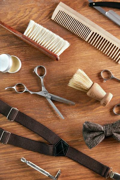 Men's Grooming Tools. Barber Shop Equipment And Supplies On Wood Table. Men Hair Salon Tools. High Resolution