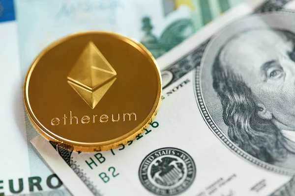 Ethereum Currency With Cash Close Up. Digital Currency Coin On Money Bills, Dollar Banknote. High Resolution