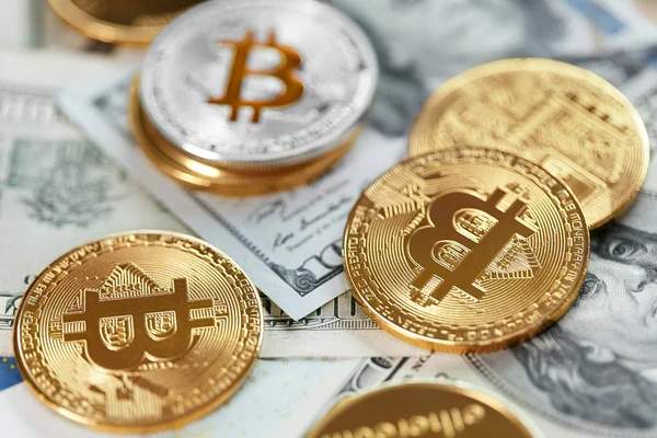 Moneda Digital Bitcoin Papel Moneda Primer Plano Bitcoin Monedas Billetes — Foto de Stock