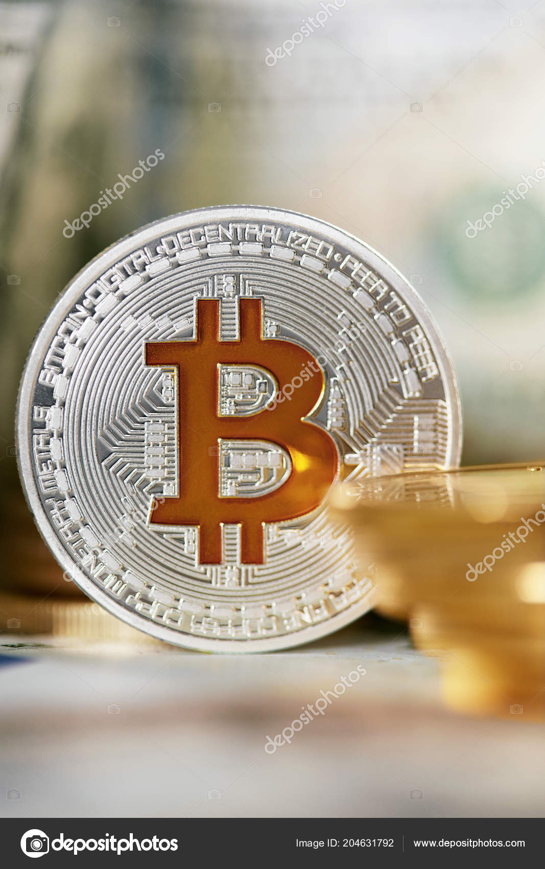 Currencies Close Bitcoin Real Cash Bitcoin Coins Money Bills - 