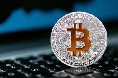 Bitcoin para birimi kapatın. Cryptocurrency madeni para bilgisayardaki dijital mali grafik ile. Yüksek çözünürlük