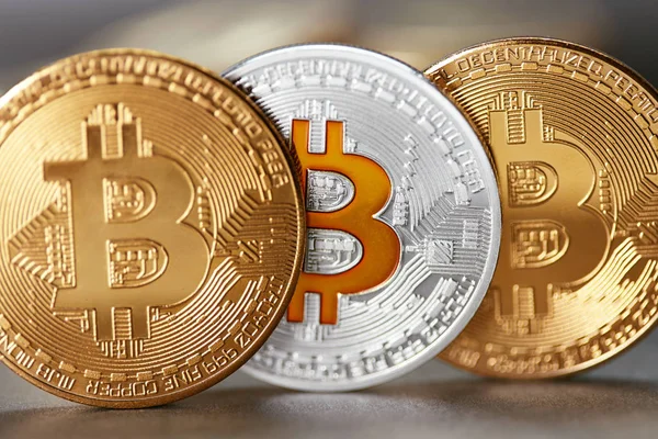 Bitcoin Monedas Criptomoneda Símbolos Dinero Digital Virtual Cerca Alta Resolución — Foto de Stock