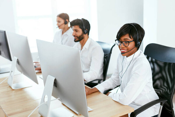 Customer Service Online In Call Center. Operators Consulting Clients On Hotline. High Resolution 