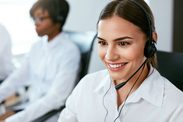 Contact Center Operator Working In Office. Attractive Woman Consulting Customers Online. High Resolution