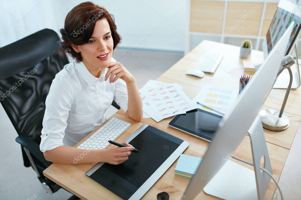 Woman Working On Project On Computer In Office. Female Designer Working On Digital Drawing Tablet. High Resolution