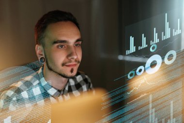 Programmer Working On Hologram Display. Software Developer Writing Code On Computer In Office. High Resolution clipart