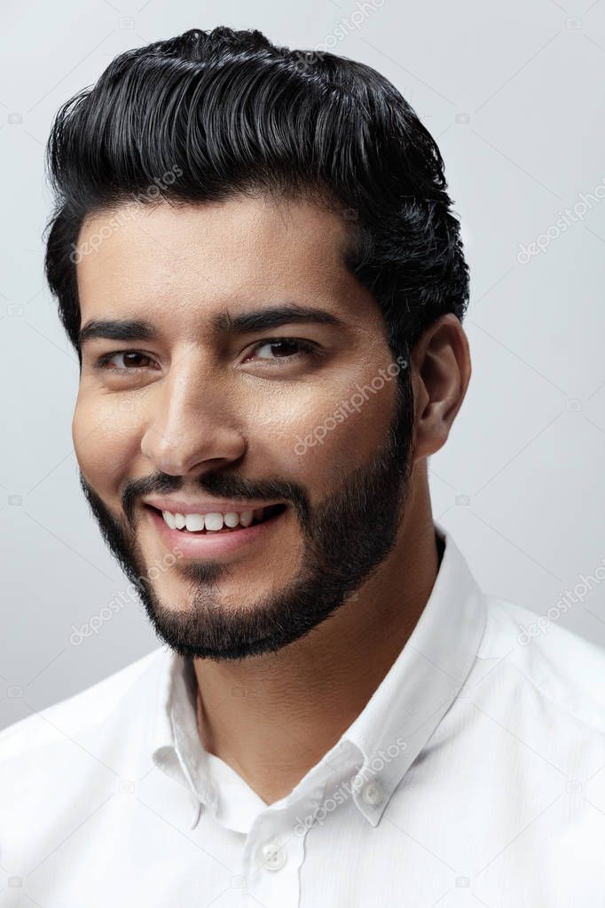 Hair And Beard. Beautiful Smiling Man With Hair Style